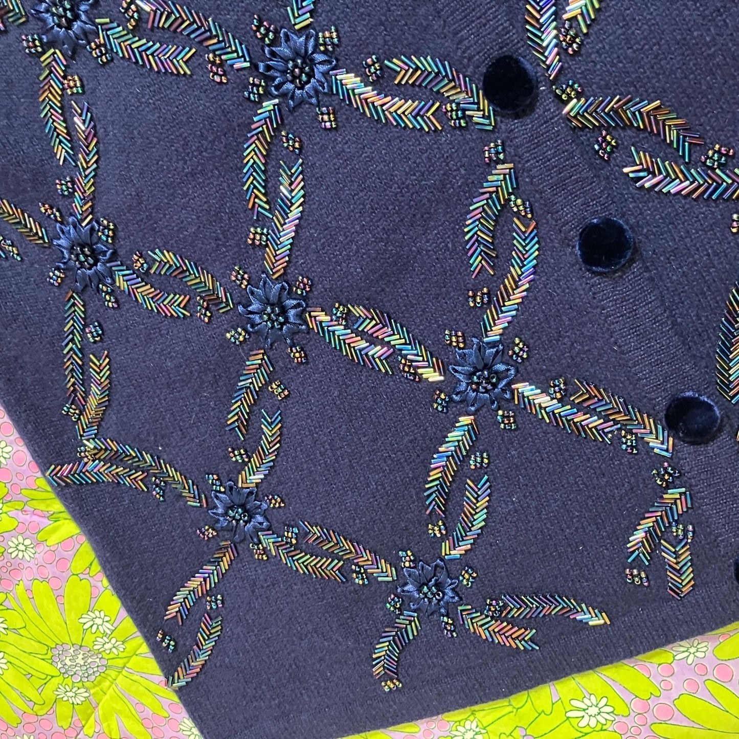 Vintage 90s Talbots cardigan floral knit sweater ribbon beading flowers wool angora blend iridescent