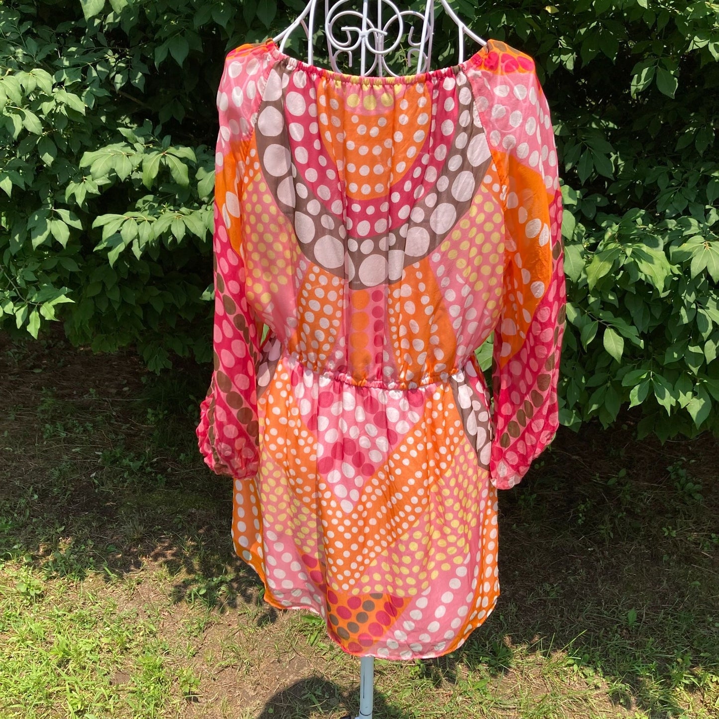 vintage Y2K blouse |S - M| sheer pink white orange Milly New York polka dot boho
