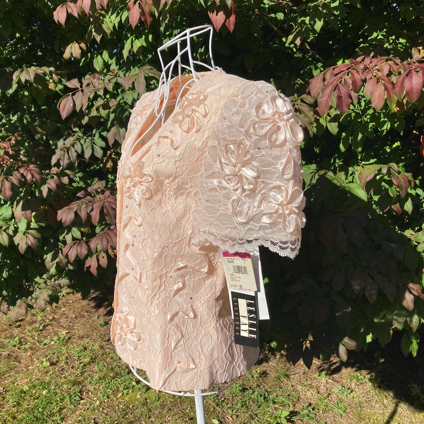 Vintage top |S - M| 80s lace embroidered rhinestones 1990s shirt blouse Leslie Fay deadstock nwt puff sleeve party occasion wear dusty rose