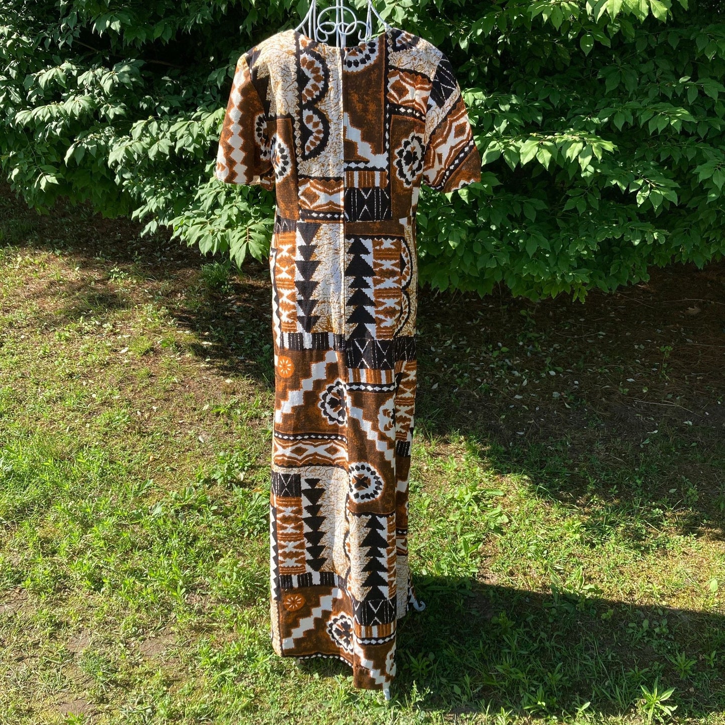 70s vintage maxi dress | S-M | Hawaiian abstract 1970s debr's Waikiki Hawaii bark cloth cotton