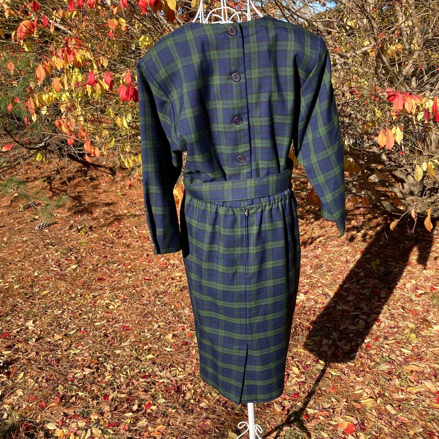 vintage plaid dress 80s | S-M | cottage blue green belted long sleeve career wear 1980s Clues Collections