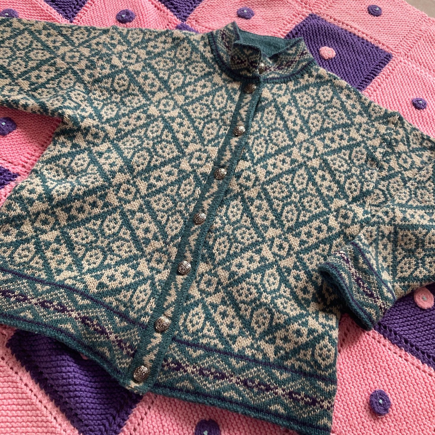 Vintage ll bean wool blend sweater cardigan M L 90s sage green white abstract fair isle made in USA