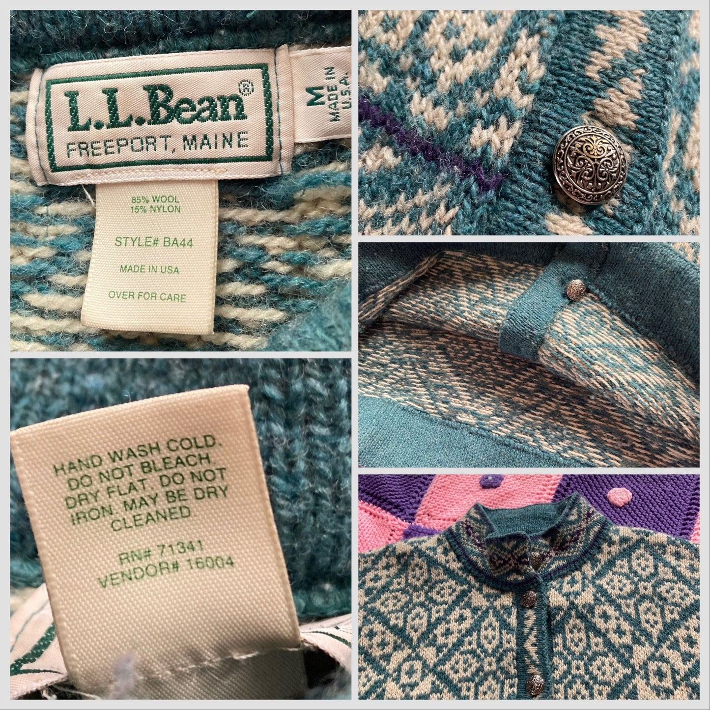 Vintage ll bean wool blend sweater cardigan M L 90s sage green white abstract fair isle made in USA