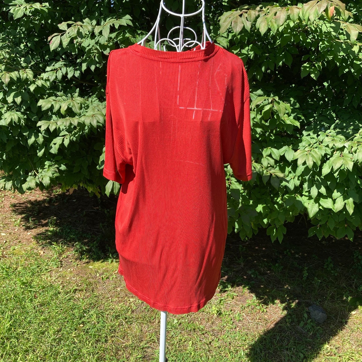 Vintage under shirt | S-L | 90s 1990s rust red orange ribbed crew neck short sleeve sheer