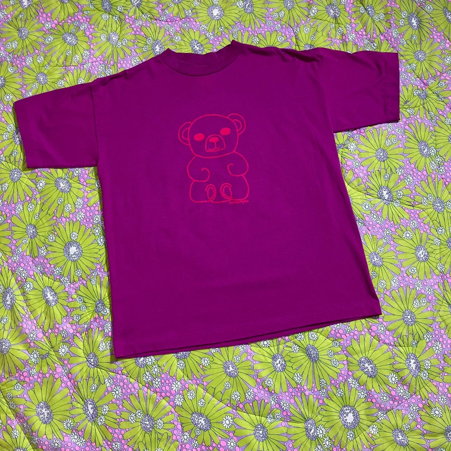 Vintage graphic teddy bear t shirt upcycled reworked | S - M | 90s raspberry purple neon pink single stitch reimagined by Katie