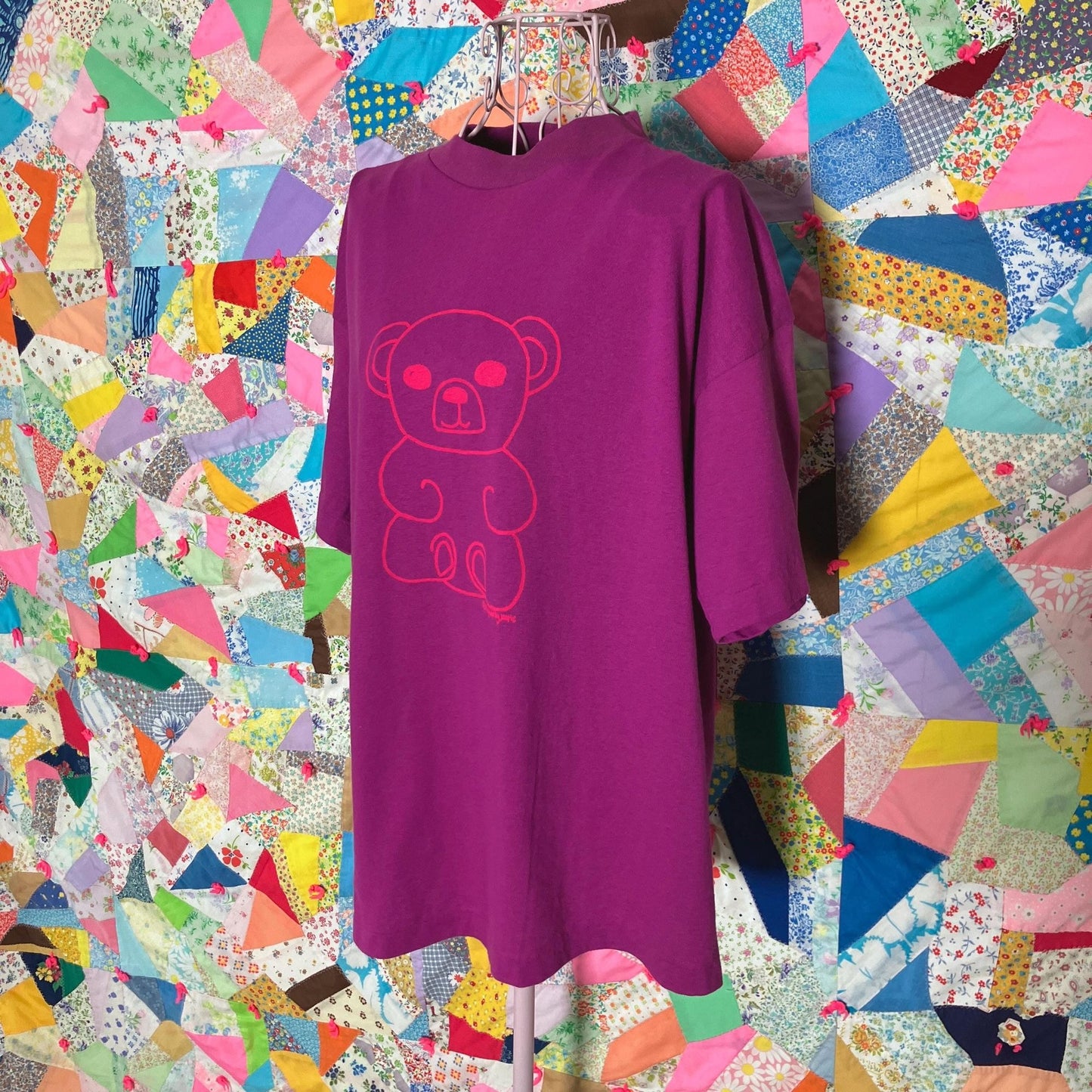 Vintage graphic teddy bear t shirt upcycled reworked | S - M | 90s raspberry purple neon pink single stitch reimagined by Katie