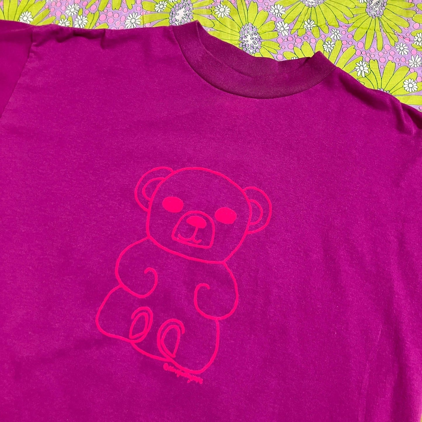 Vintage graphic teddy bear t shirt upcycled reworked | S - M | 90s raspberry purple neon pink single stitch reimagined by Katie
