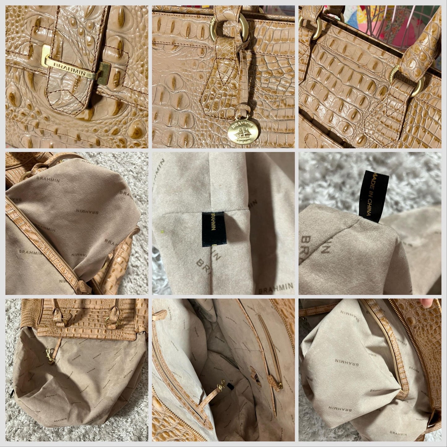 Vintage 80s 90s Brahmin tote bag toasted honey beige croc embossed pockets