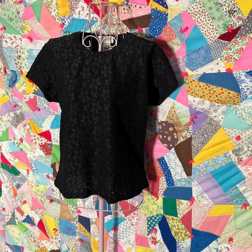 Vintage black short sleeve top | XS - M |90s lace semi sheer shirt blouse Talbots petites