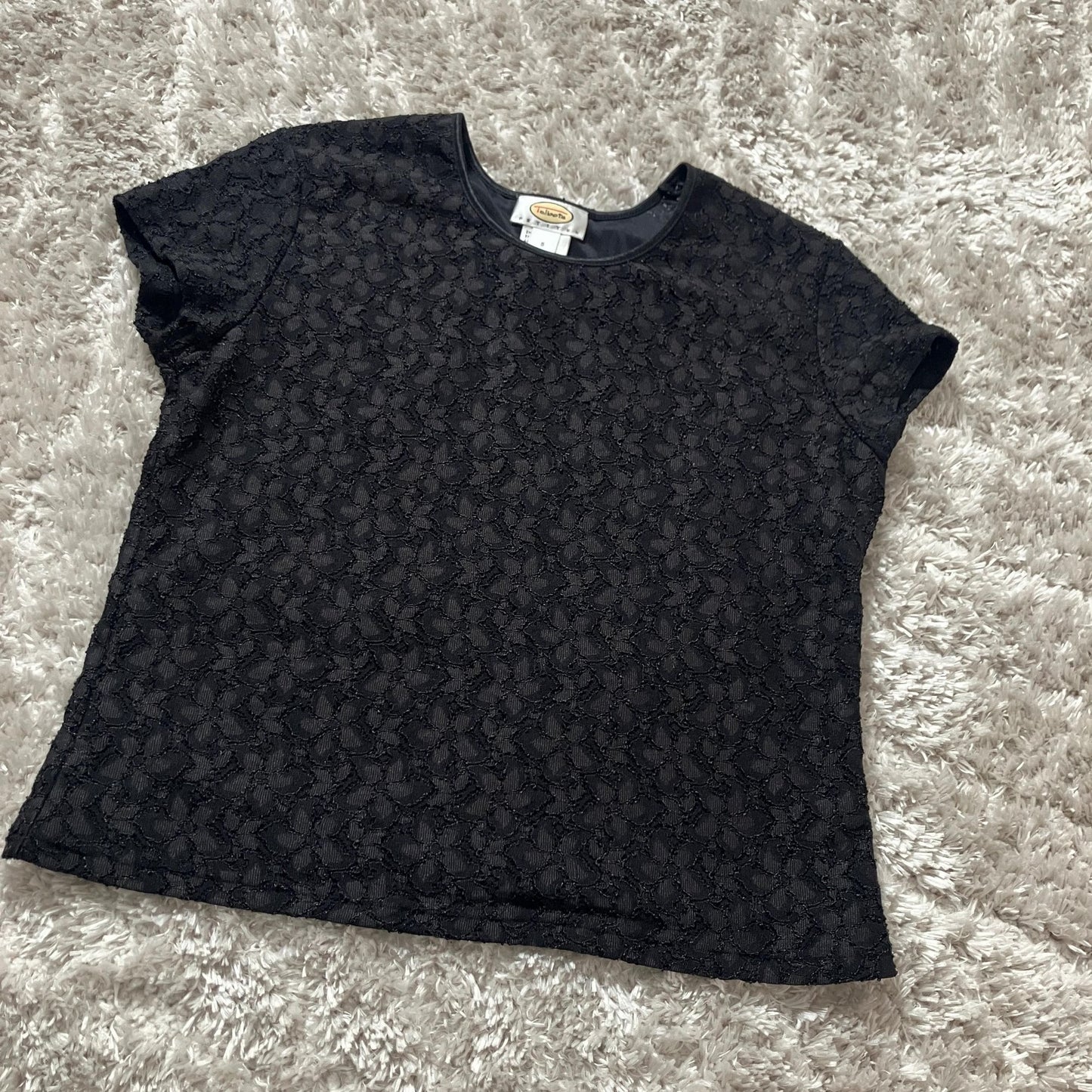 Vintage black short sleeve top | XS - M |90s lace semi sheer shirt blouse Talbots petites