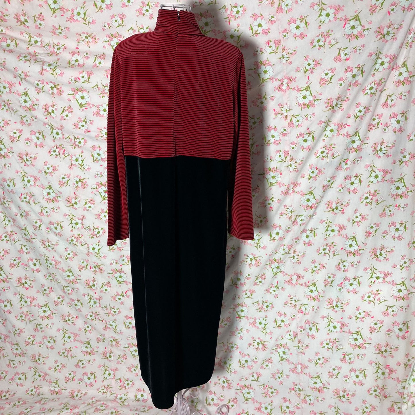 vintage dress black red striped velvet 90s | S-M | minimal 1990s maxi Talbots long sleeve whimsigoth turtle neck