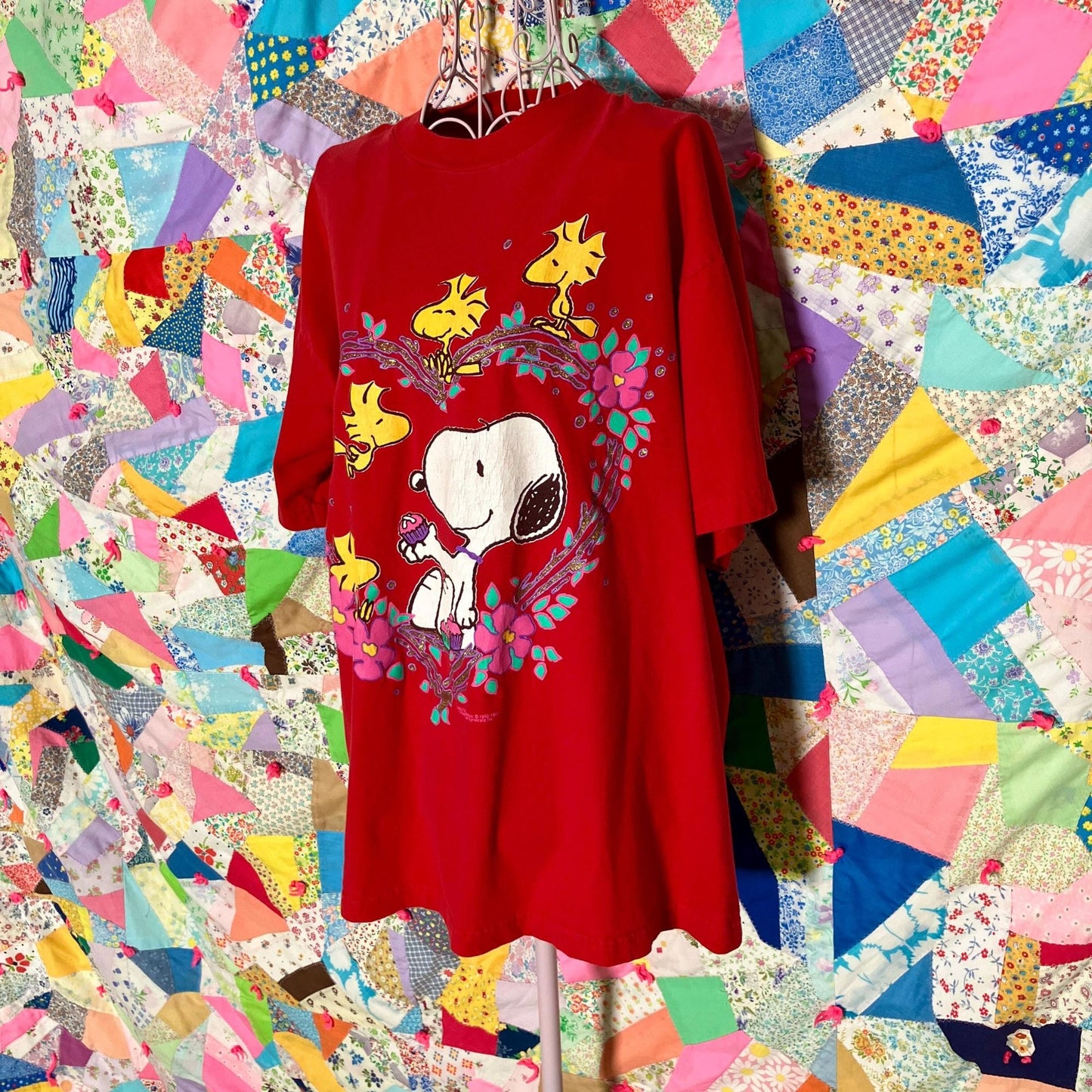 vintage 90s y2k Snoopy t shirt | S-L | soft red peanuts Woodstock heart glitter