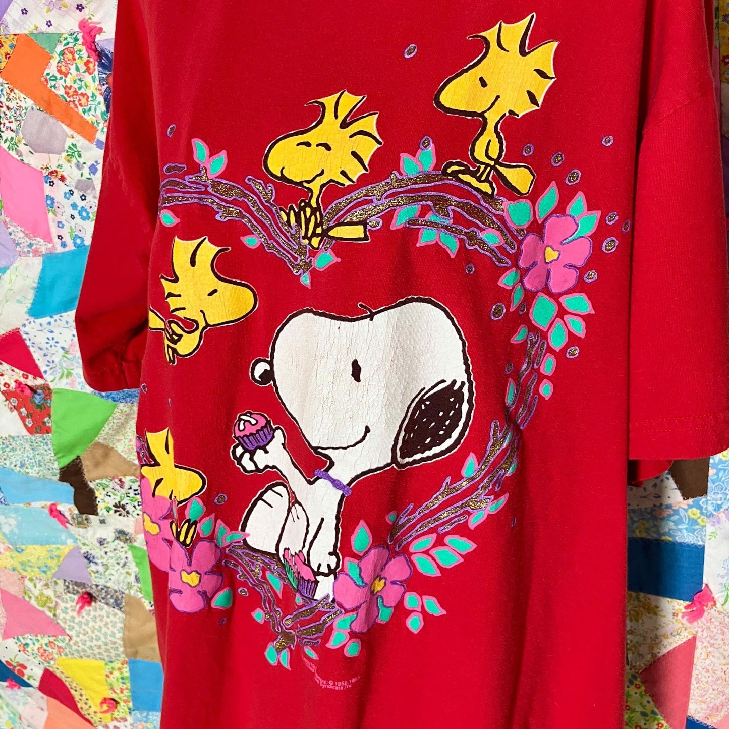 vintage 90s y2k Snoopy t shirt | S-L | soft red peanuts Woodstock heart glitter
