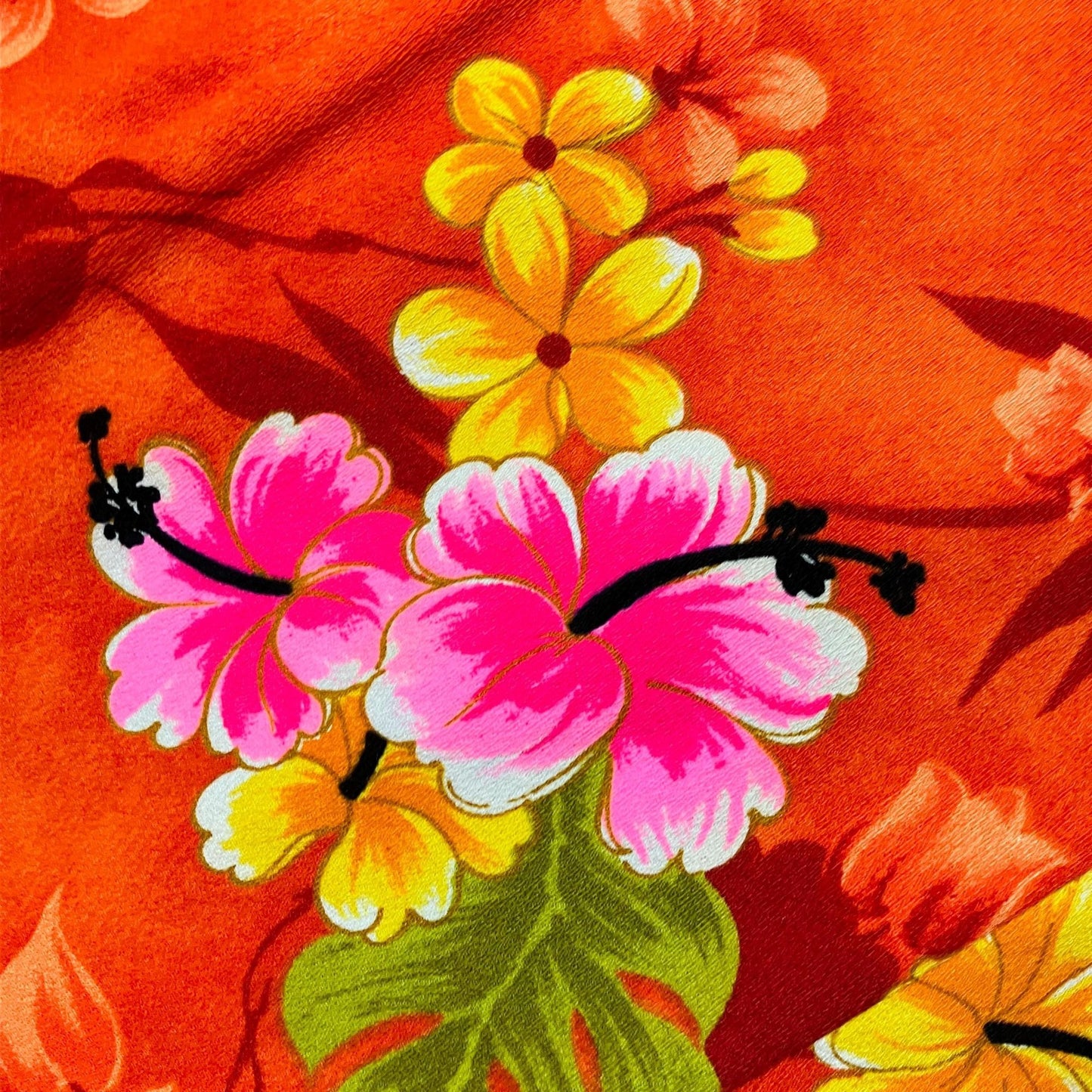 70s vintage maxi dress | S-M | Hawaiian floral yellow rust orange pink black 1970s Tropicana Hawaii bark cloth waterfall train