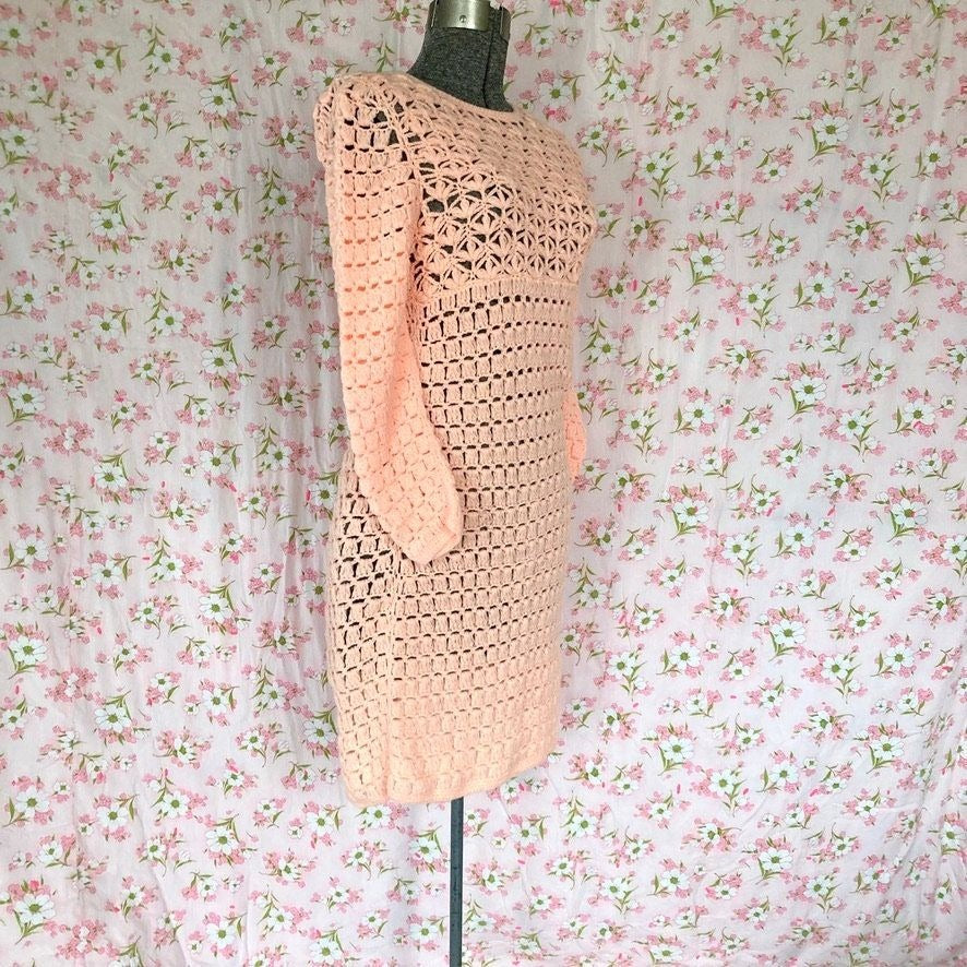 70s vintage dress pastel orange | S-M | 1970s knit open work long sleeves