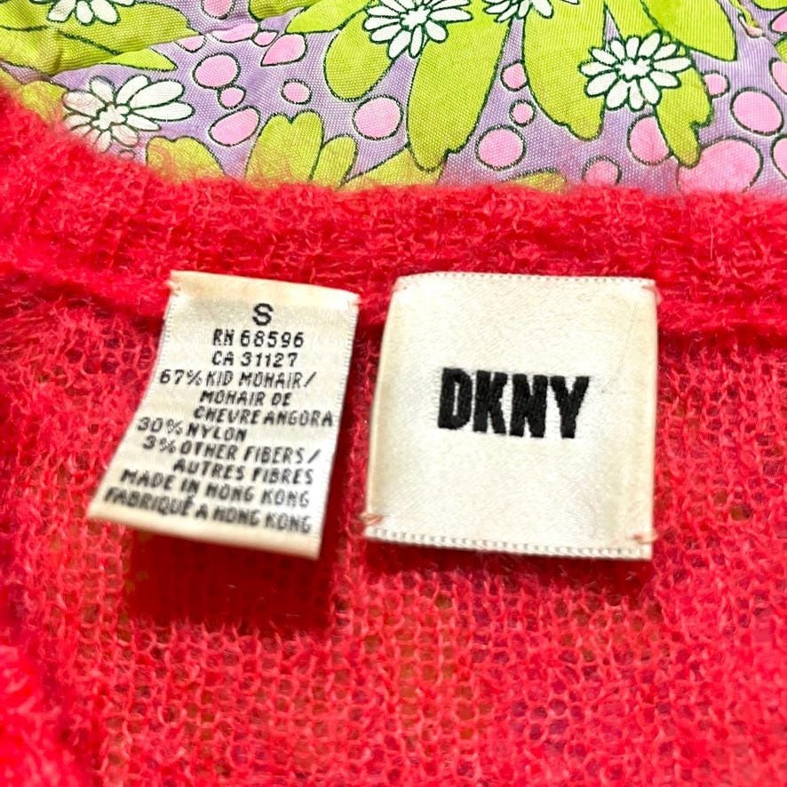Vintage 90s y2k sweater | XS-S | bright reddish pink mohair blend fuzzy DKNY deep v