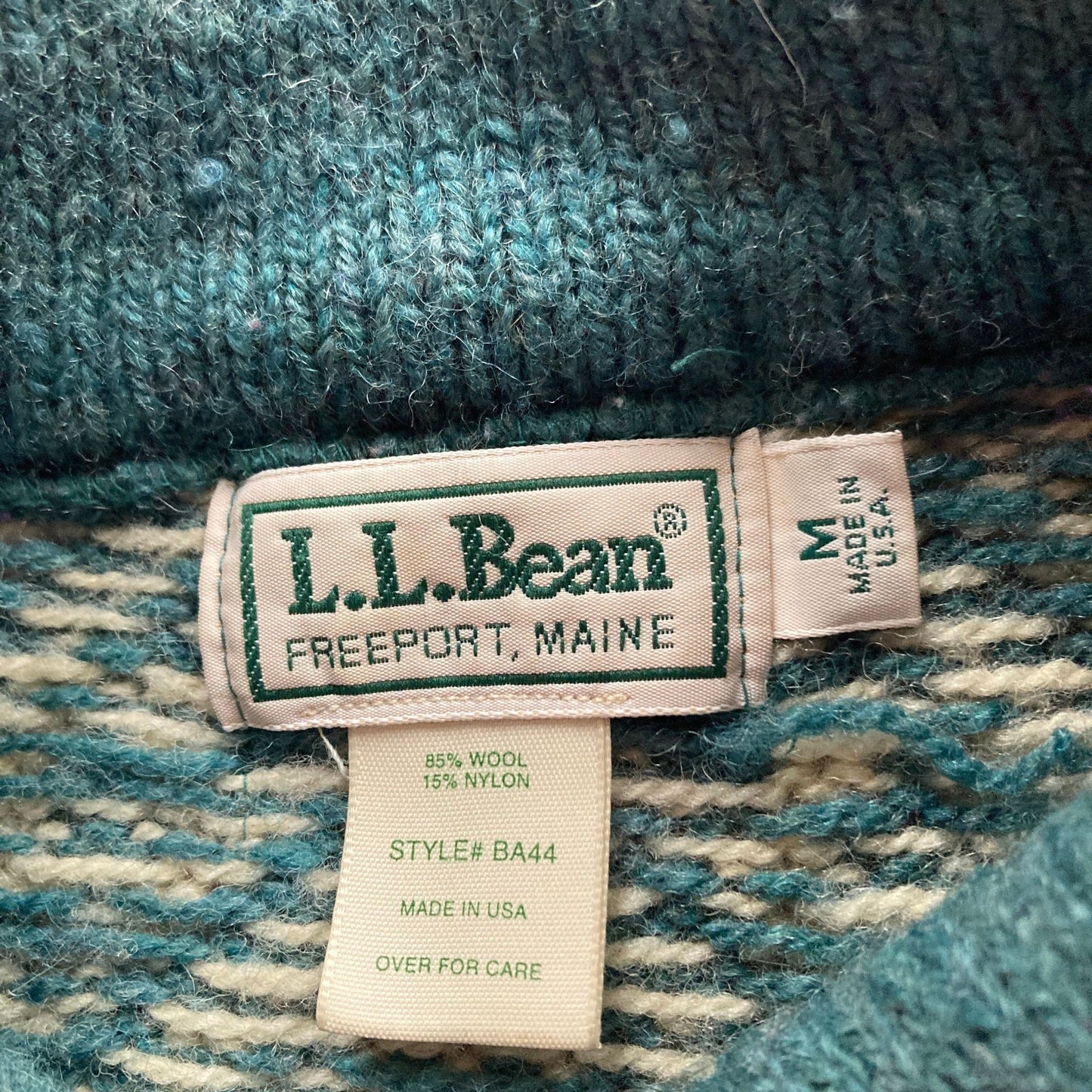 Vintage ll bean wool blend sweater cardigan M L 90s sage green white abstract fair isle made in USA
