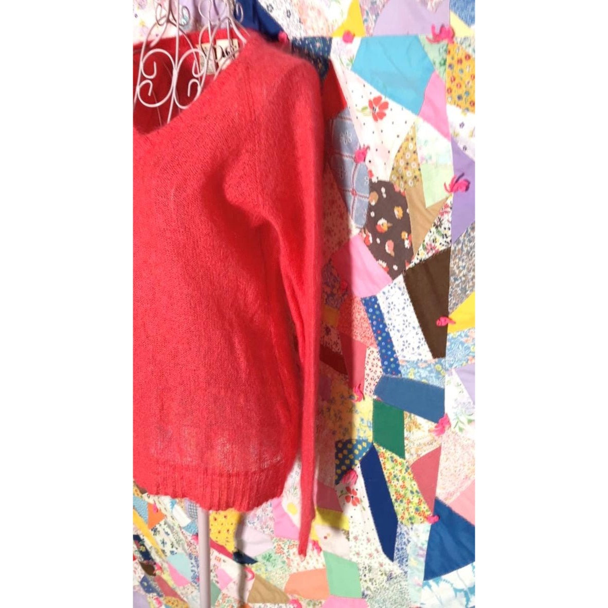 Vintage 90s y2k sweater | XS-S | bright reddish pink mohair blend fuzzy DKNY deep v