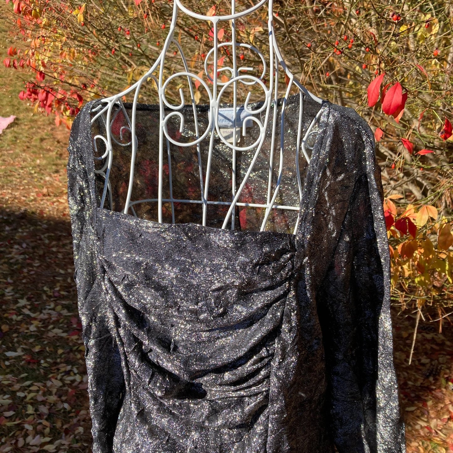 Vintage 90s top sparkly silver black glitter metallic 1990s party festive sheer square neck ruched Hanky Panky