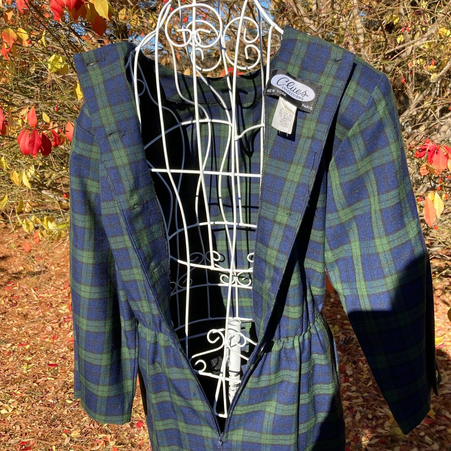 vintage plaid dress 80s | S-M | cottage blue green belted long sleeve career wear 1980s Clues Collections