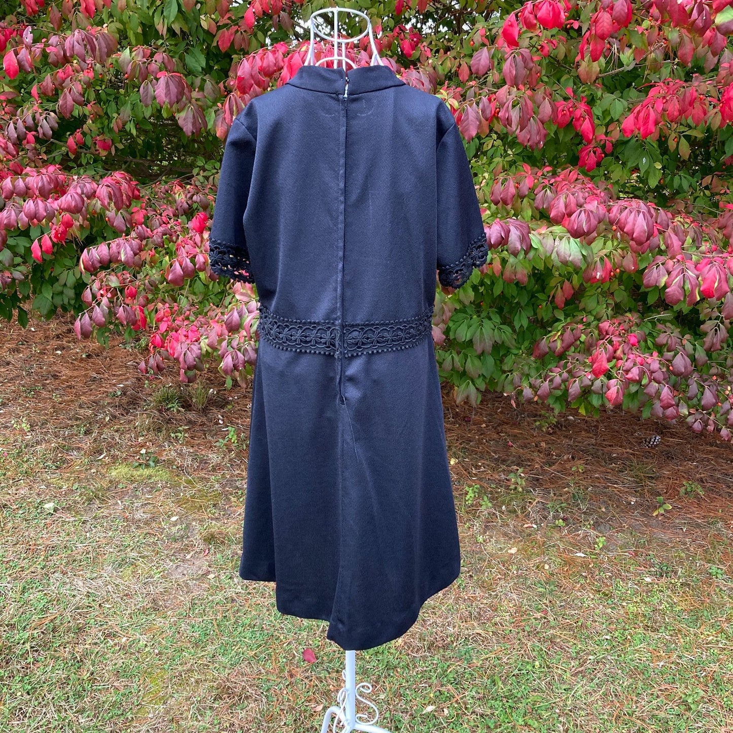 70s vintage dress L 1970s short sleeve crochet lace trim