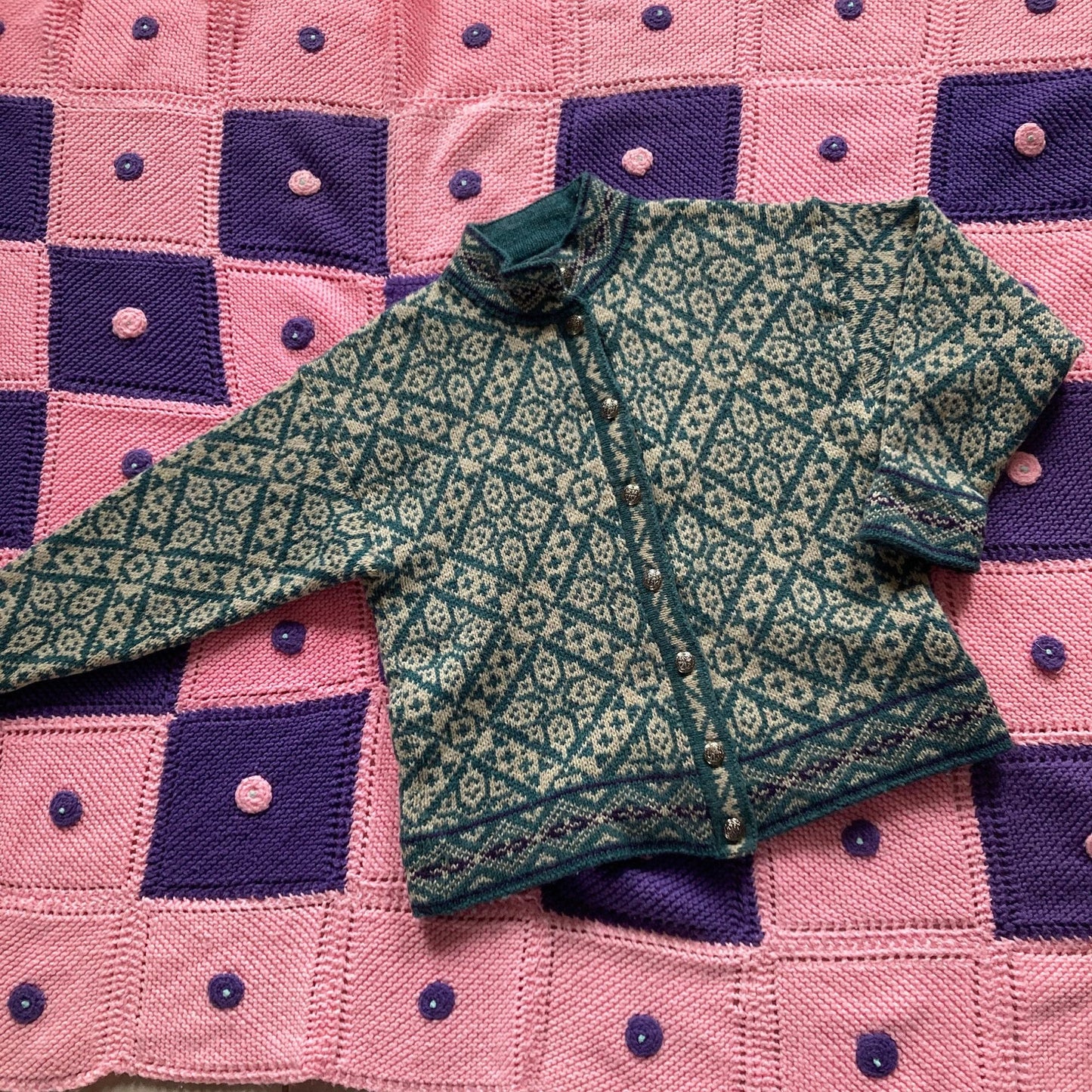 Vintage ll bean wool blend sweater cardigan M L 90s sage green white abstract fair isle made in USA