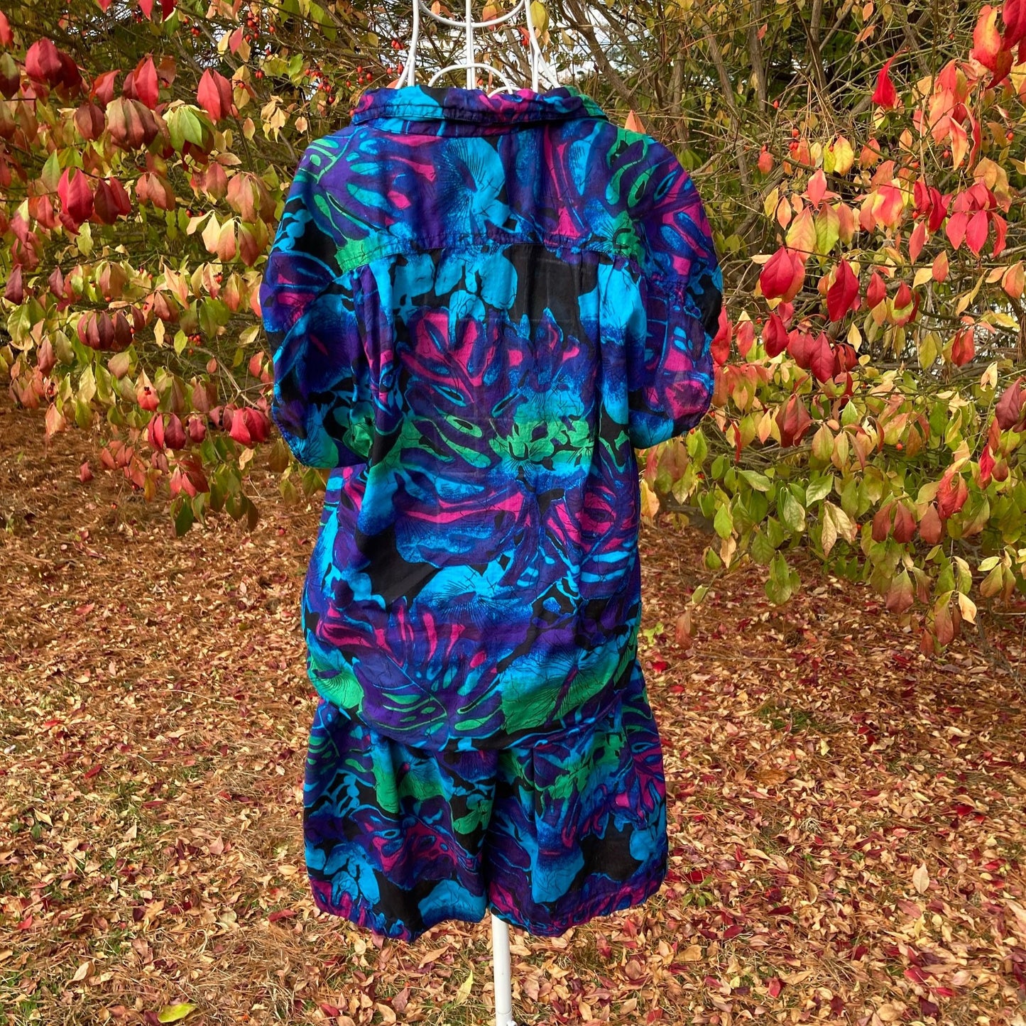 Vintage 80s 90s shorts and top matching set | XS-S | black green blue purple cotton floral two piece 1980s Contrasts