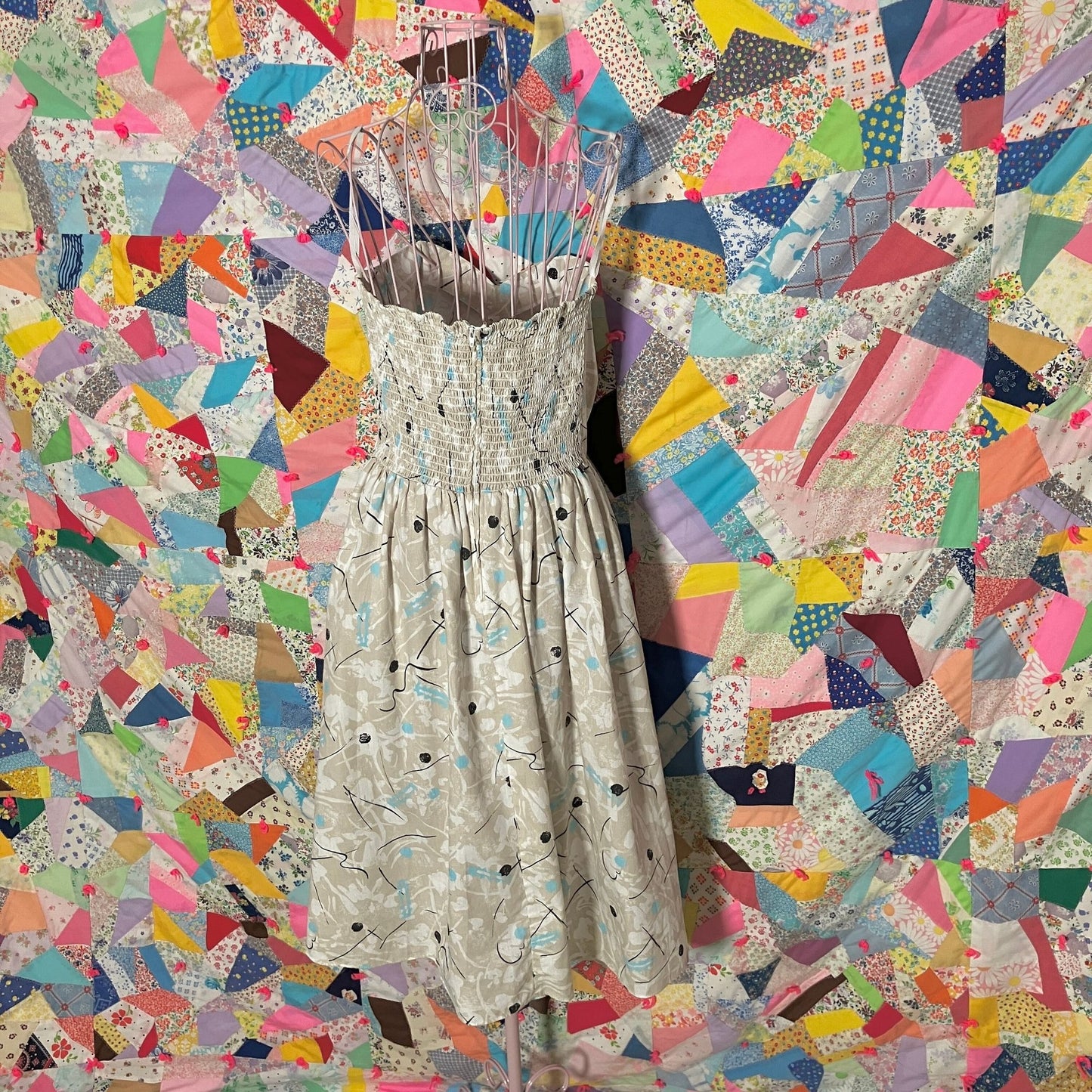 80s vintage abstract print cotton dress Nicki's Girl strapless boned lace |25"-26"| Waist| XS-S | party