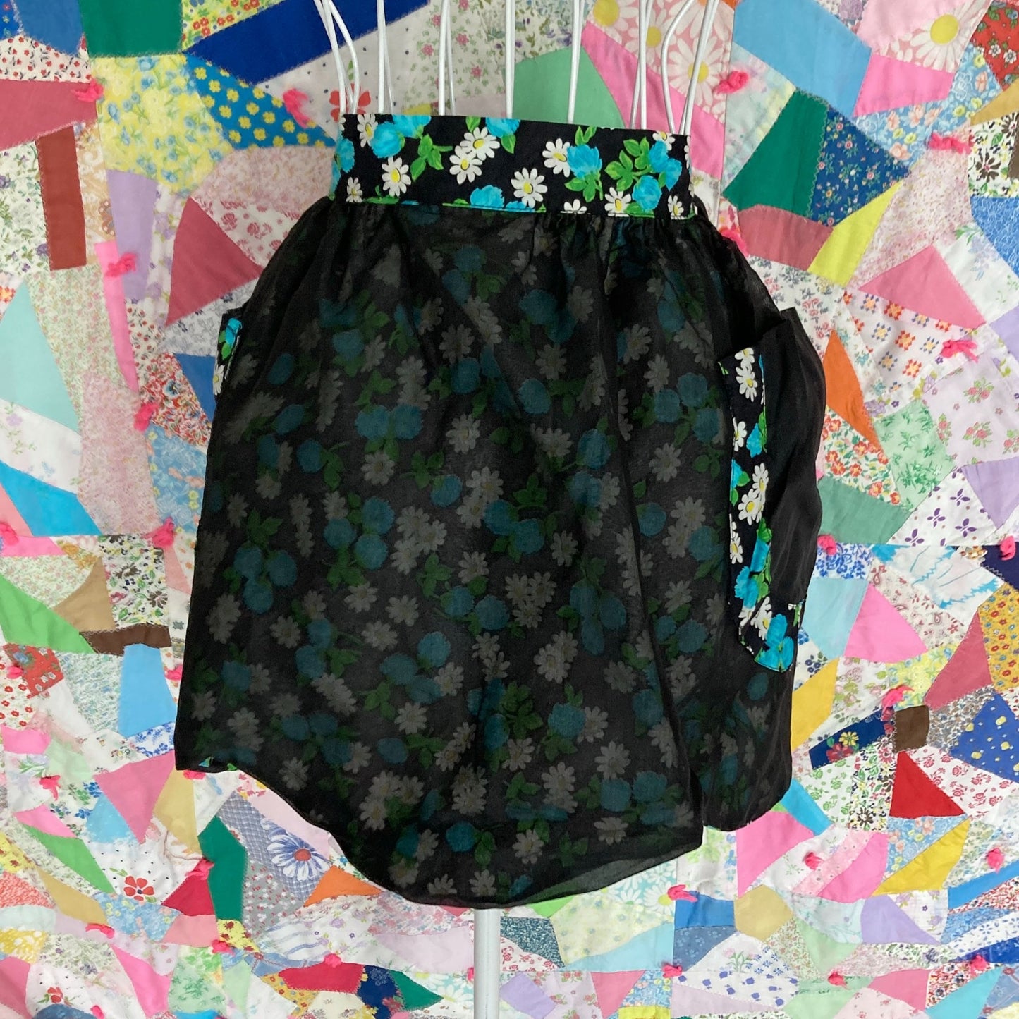 Vintage half apron S-M pockets blue black white see through sheer linen hand made one of a kind romantic reversible
