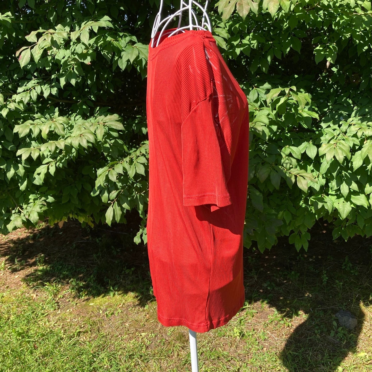 Vintage under shirt | S-L | 90s 1990s rust red orange ribbed crew neck short sleeve sheer