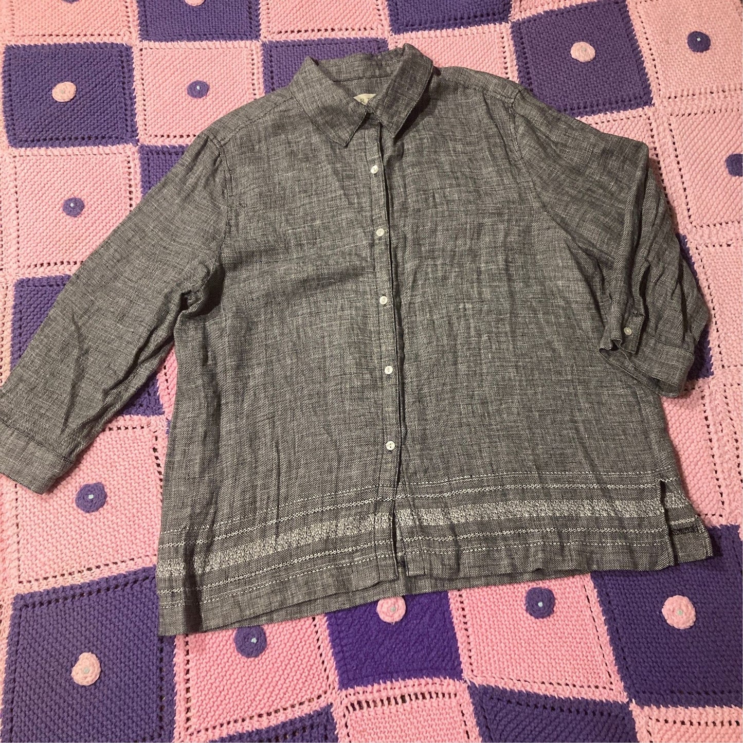 vintage y2k shirt button up band collar top linen black white gray | M - L | Norton McNaughton