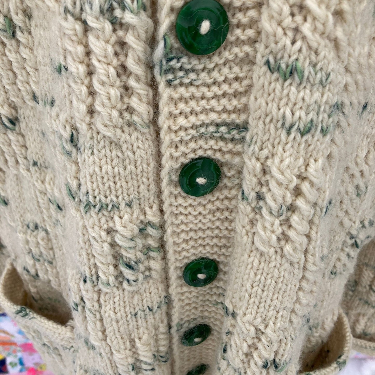 cardigan sweater knit vintage ecru beige oat milk 60s 70s chunky knit 1960s 1970s knit handmade grandma off white green