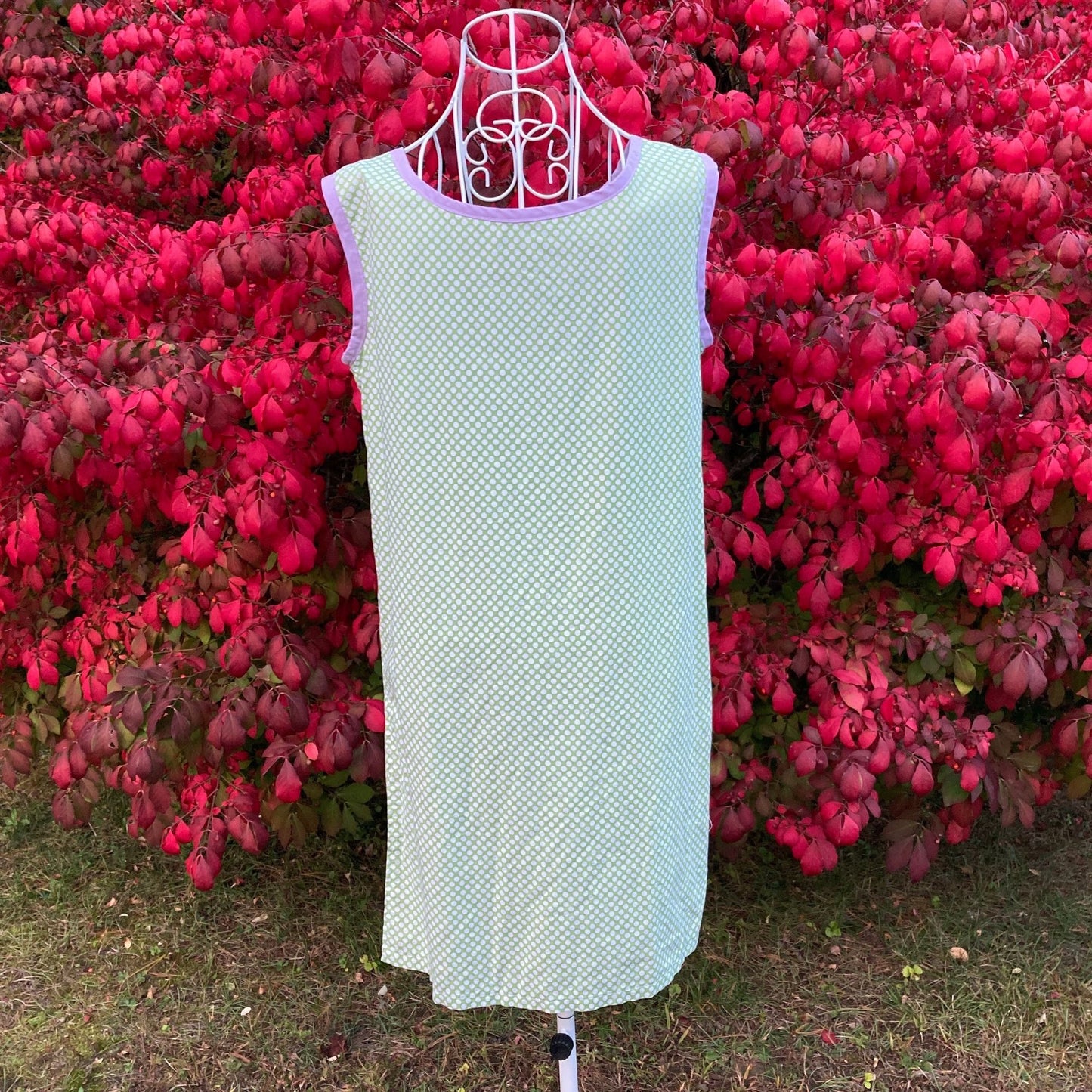 vintage house dress tunic 60s green purple white polka dot sleeveless