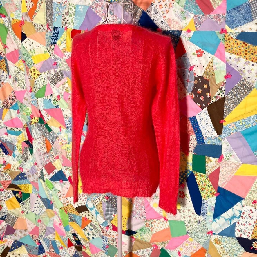 Vintage 90s y2k sweater | XS-S | bright reddish pink mohair blend fuzzy DKNY deep v