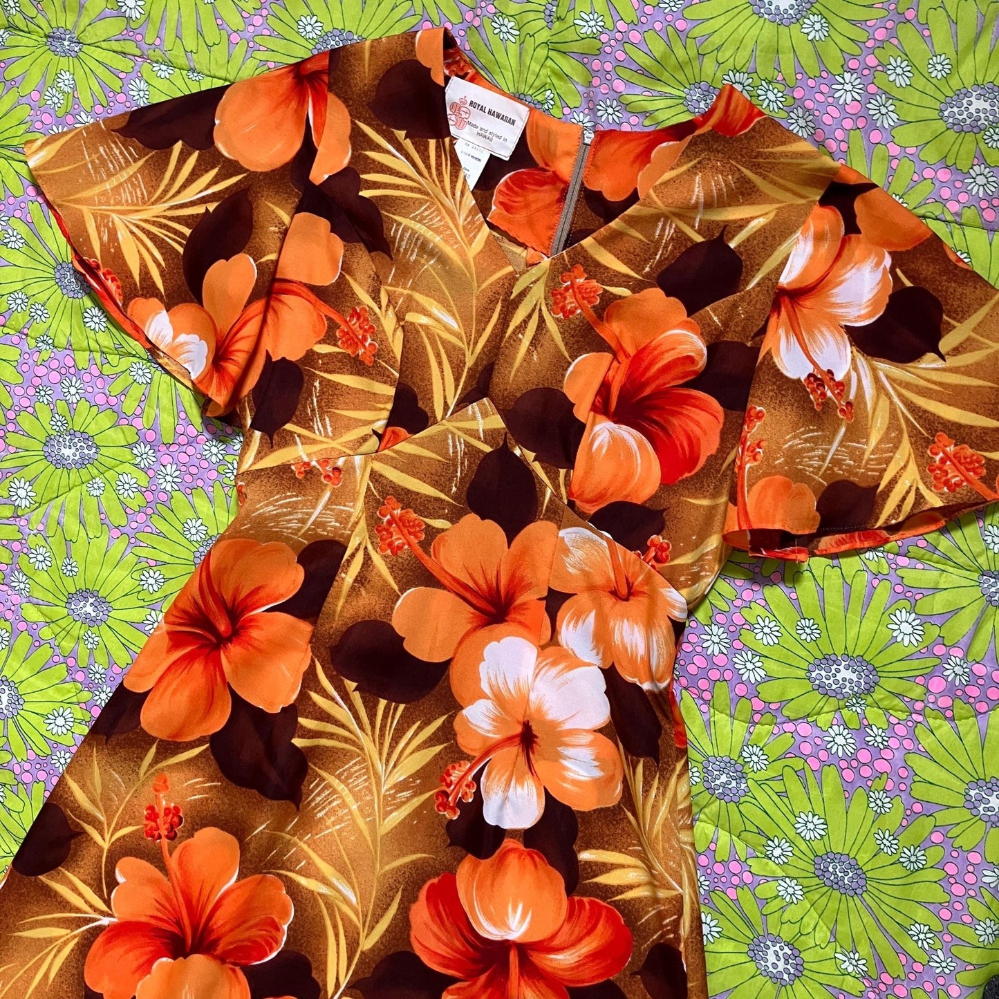 70s vintage maxi dress | | Hawaiian floral brown orange hibiscus flower flutter sleev 1970s made in Hawaii Royal Hawaiian