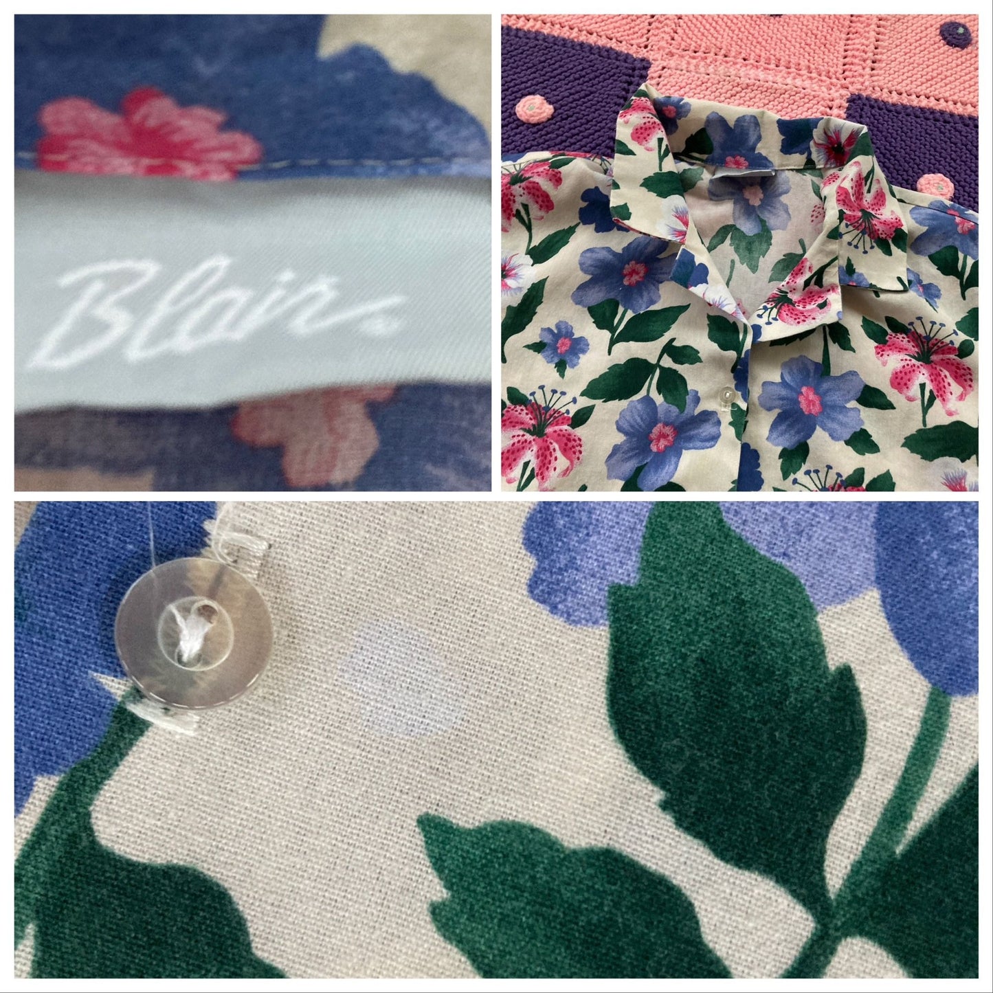 Vintage grandma shirt allover floral print button down short sleeve | L-XL |collar 90s blue white pink purple Blair