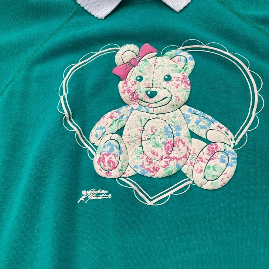 Vintage grandma 90s sweatshirt teddy bear pink teal | S - M | soft 1990s Morning Sun puffy paint cute