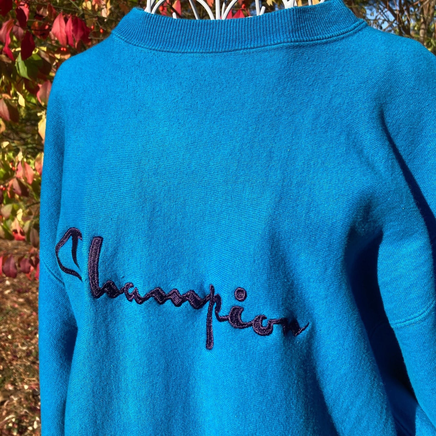 vintage sweatshirt champion 90s 1990s spellout script M-L teal embroidered reverse weave made in USA