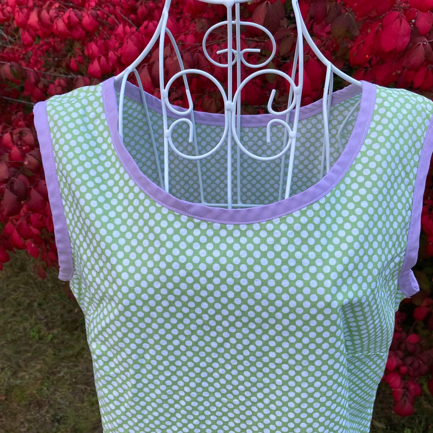 vintage house dress tunic 60s green purple white polka dot sleeveless