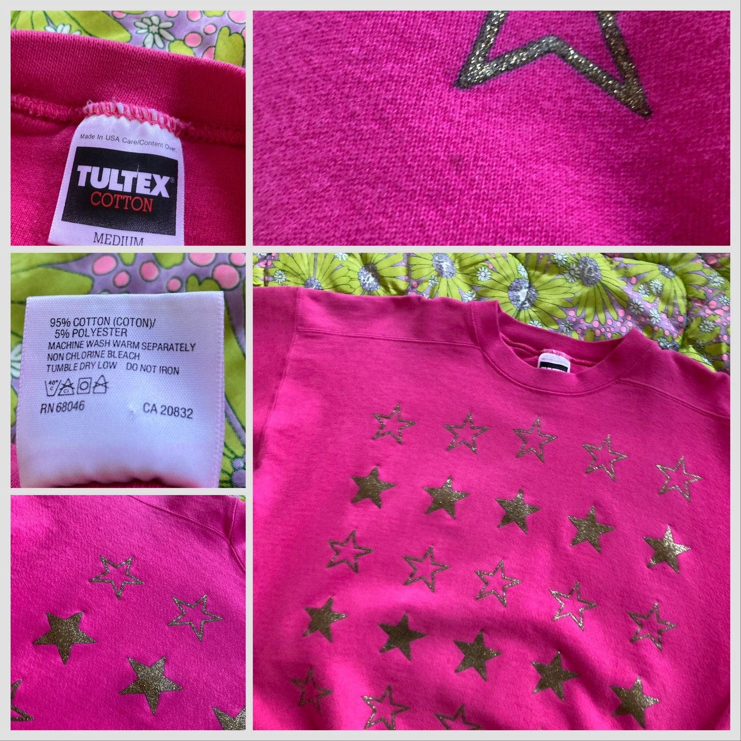 Vintage sweatshirt bright pink star graphic |S-M| cotton gold Tultex glitter