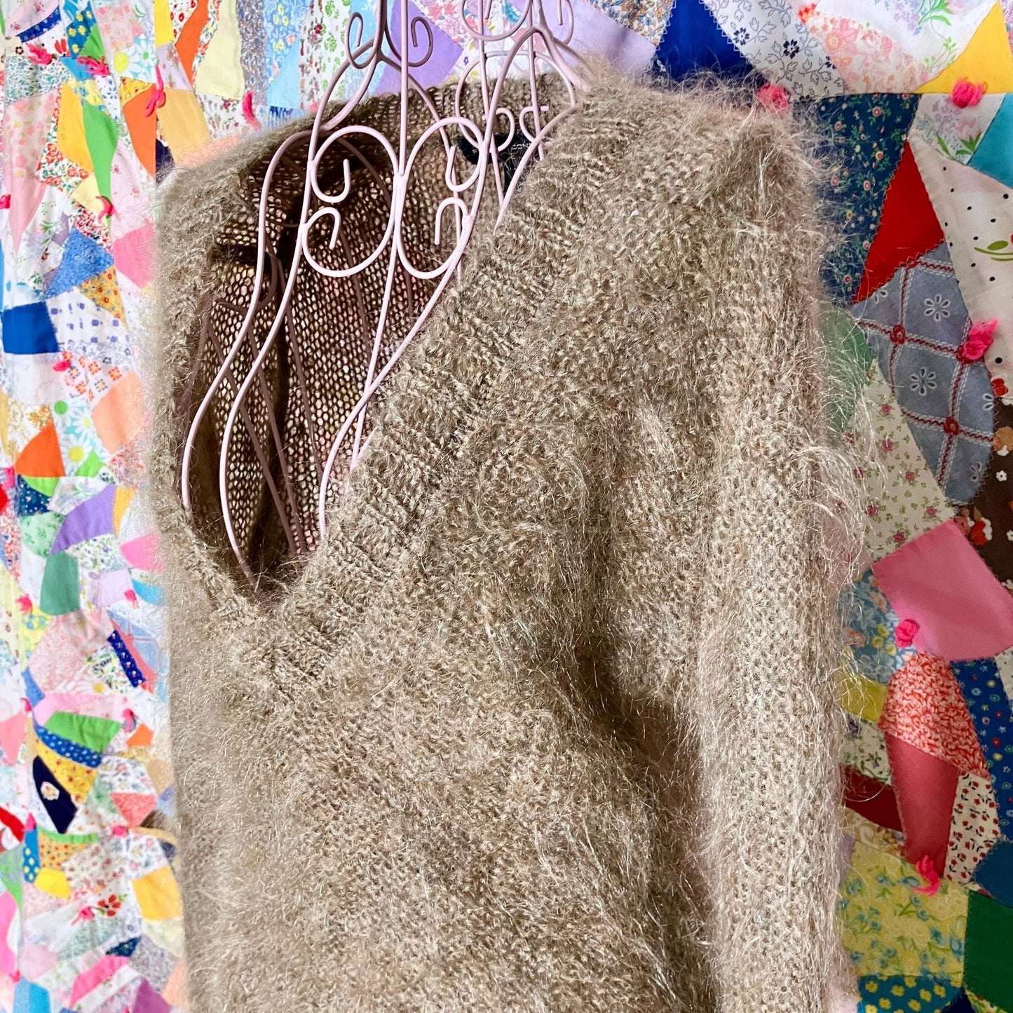 Vintage 90s y2k sweater | XS-S | oat meal beige wool mohair wool blend fuzzy mock neck French Connection deep v neutral