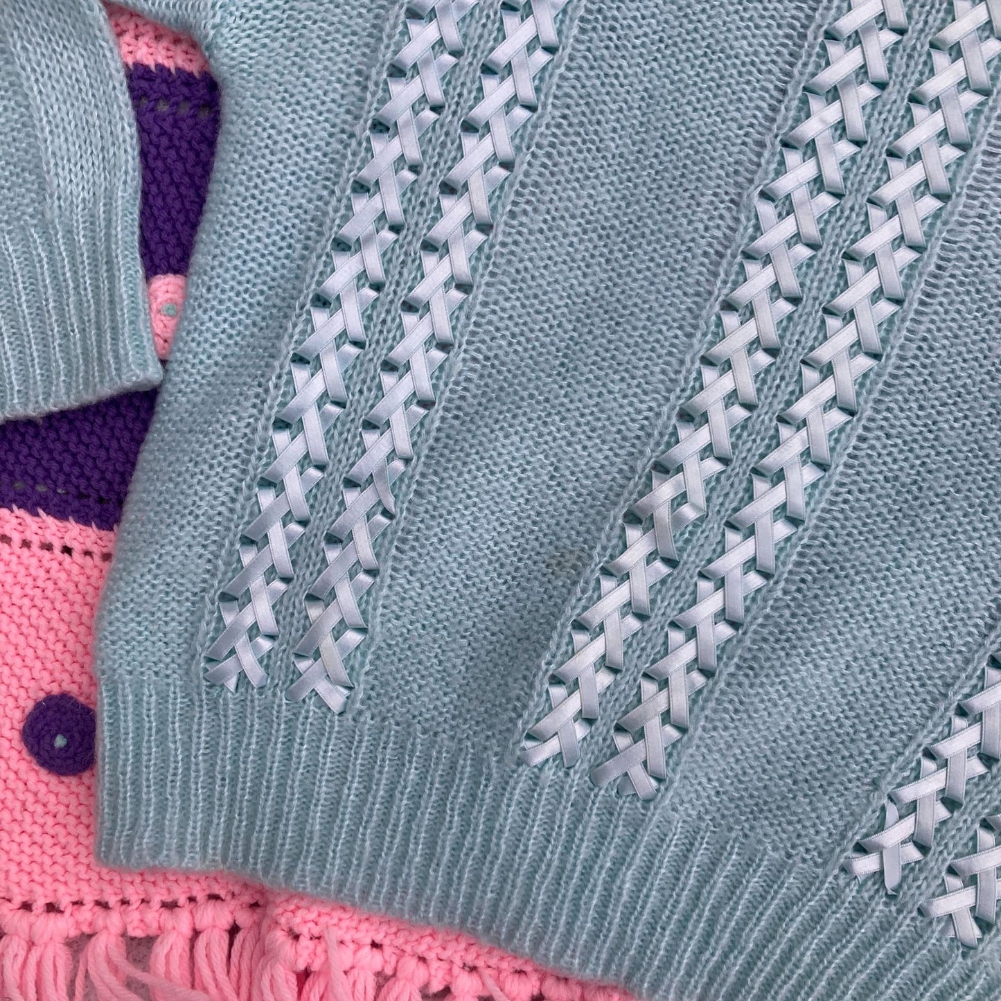 Vintage sweater teal | S-M | 70s ribbon kawaii fairy kei Grand Tier Petites