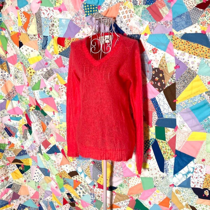 Vintage 90s y2k sweater | XS-S | bright reddish pink mohair blend fuzzy DKNY deep v