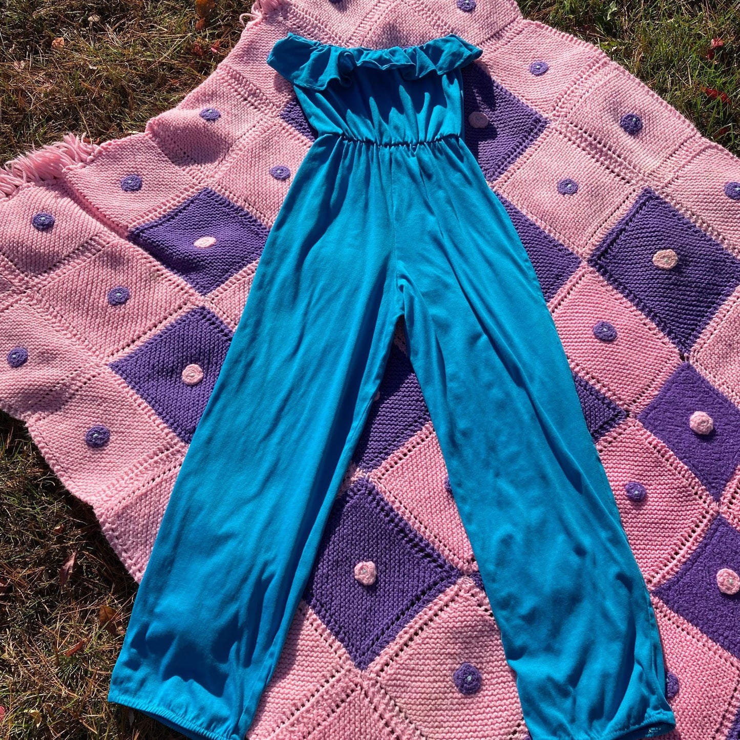 vintage teal romper 70s | XXS-XS | 1970s playsuit sleeveless ruffle