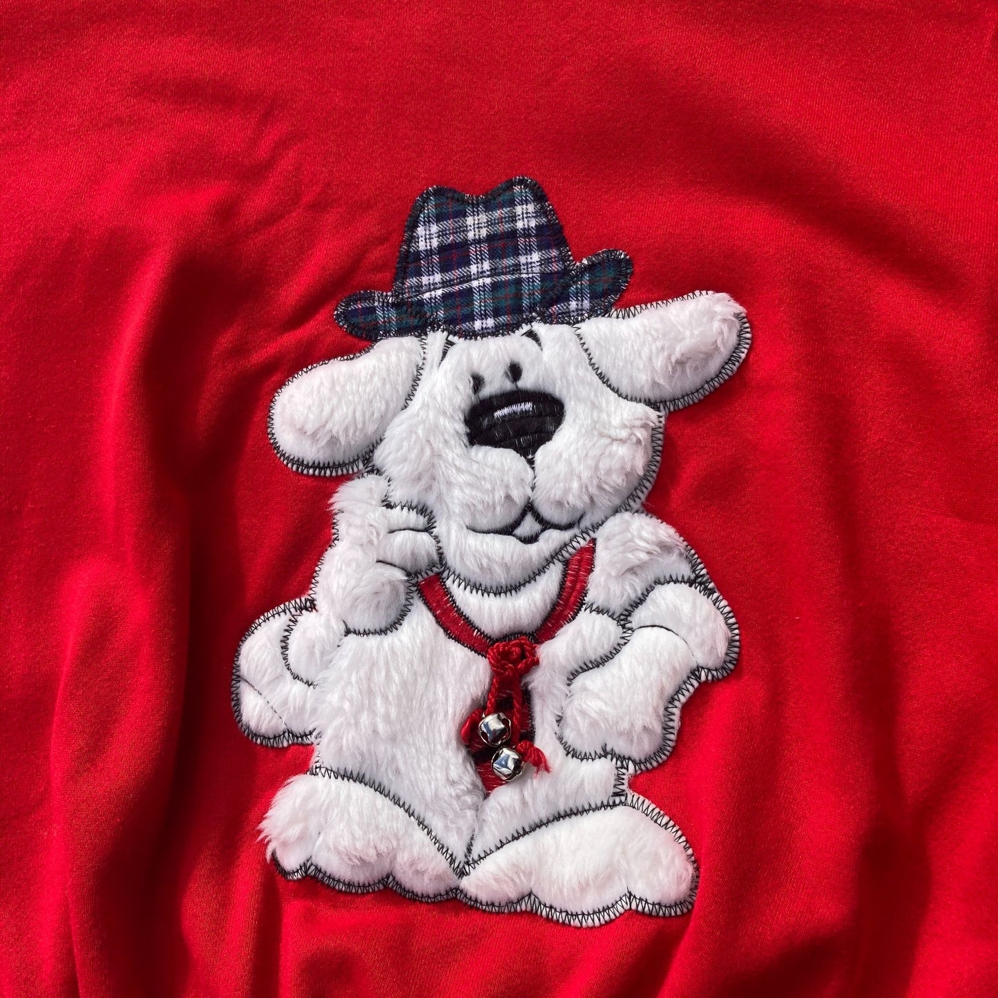 Vintage sweatshirt grandma 80s 90s dog white red fur raglan | S - M | soft 1990s Beanzie cute dog jingle bell