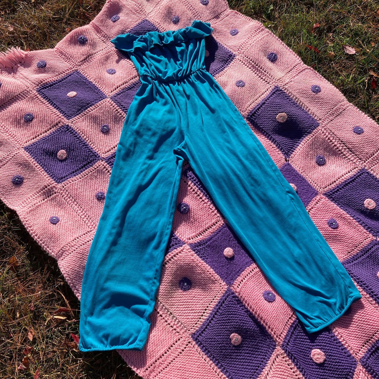 vintage teal romper 70s | XXS-XS | 1970s playsuit sleeveless ruffle