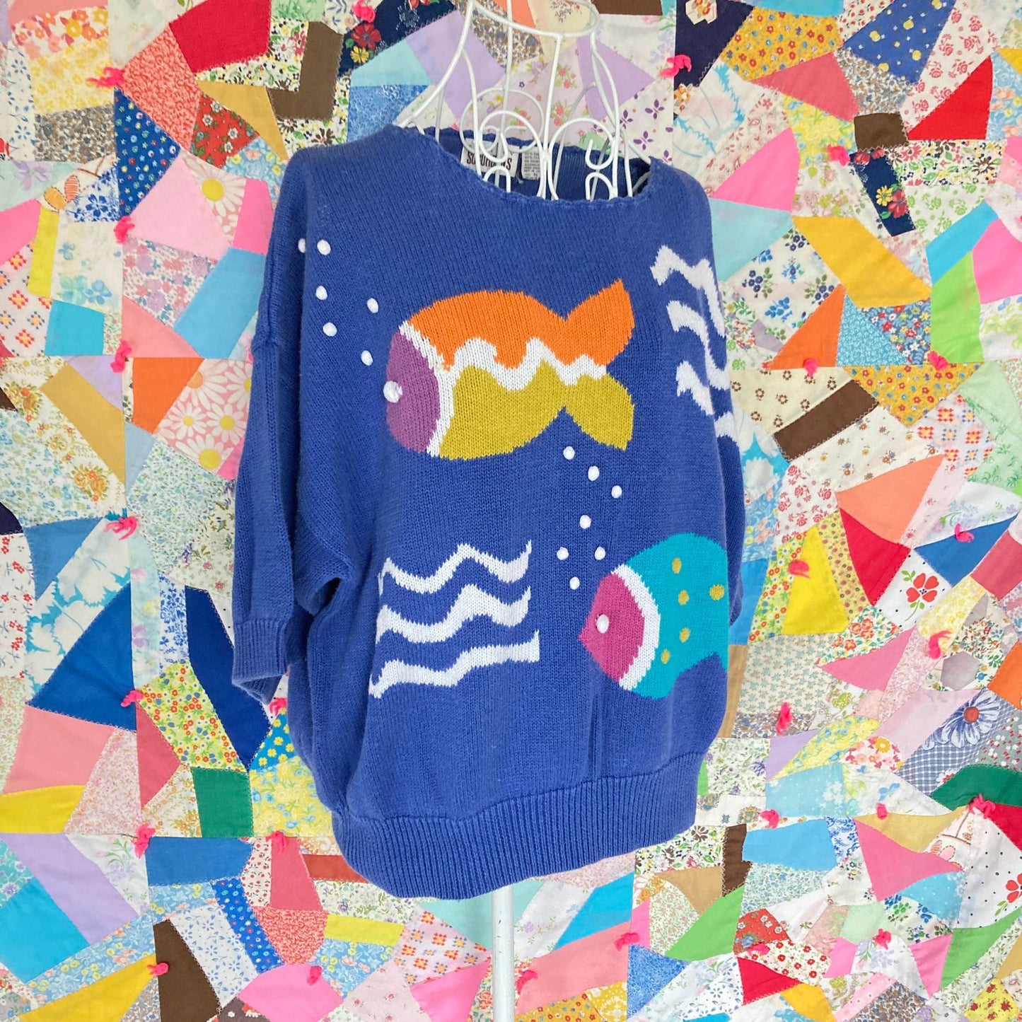 Vintage knit sweater 90s novelty fish print AS IS Country Suburbans blue white orange short sleeve