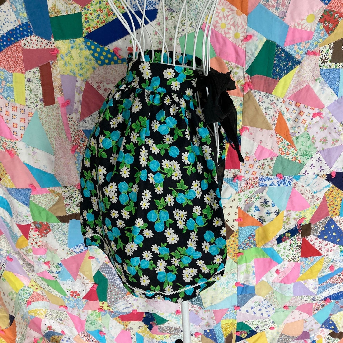 Vintage half apron S-M pockets blue black white see through sheer linen hand made one of a kind romantic reversible