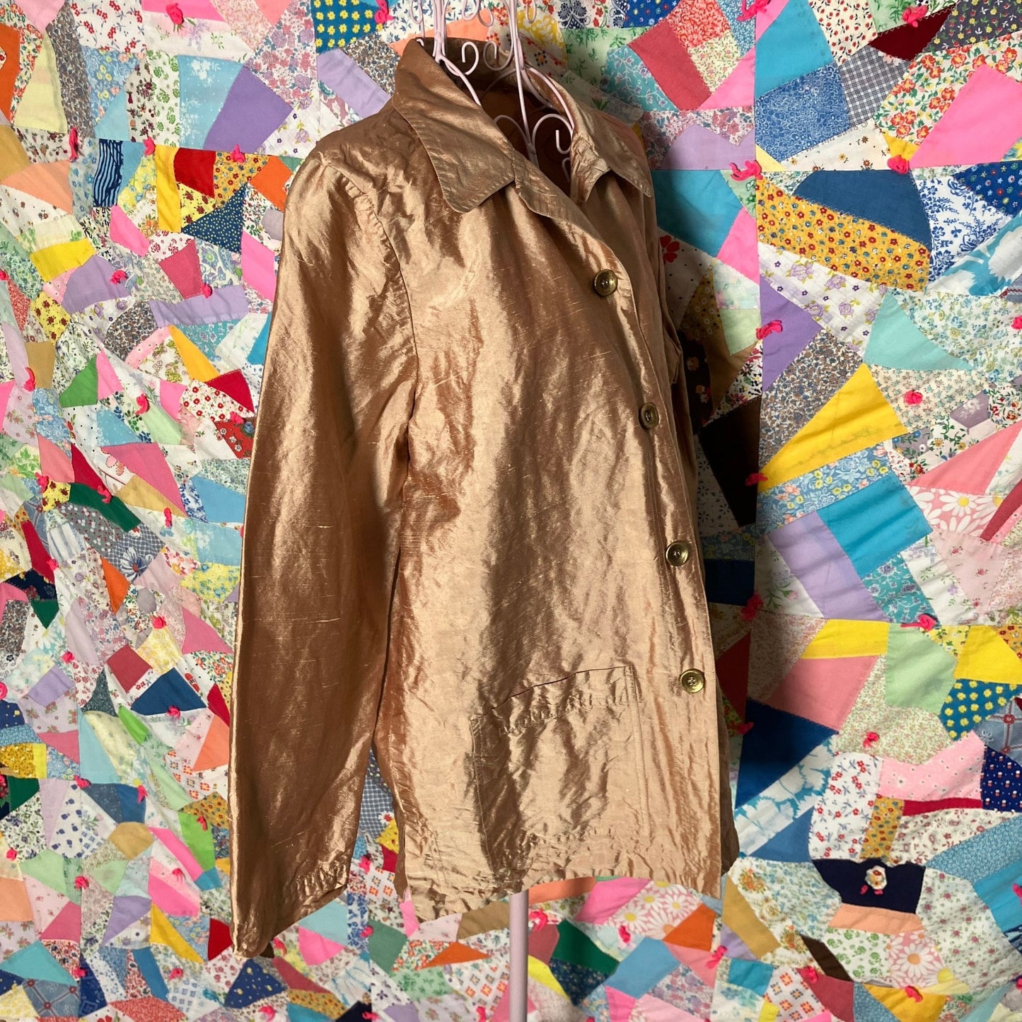 Vintage Saks Fifth Ave y2k 90s top iridescent tan | M-L | button up silk top shirt blouse