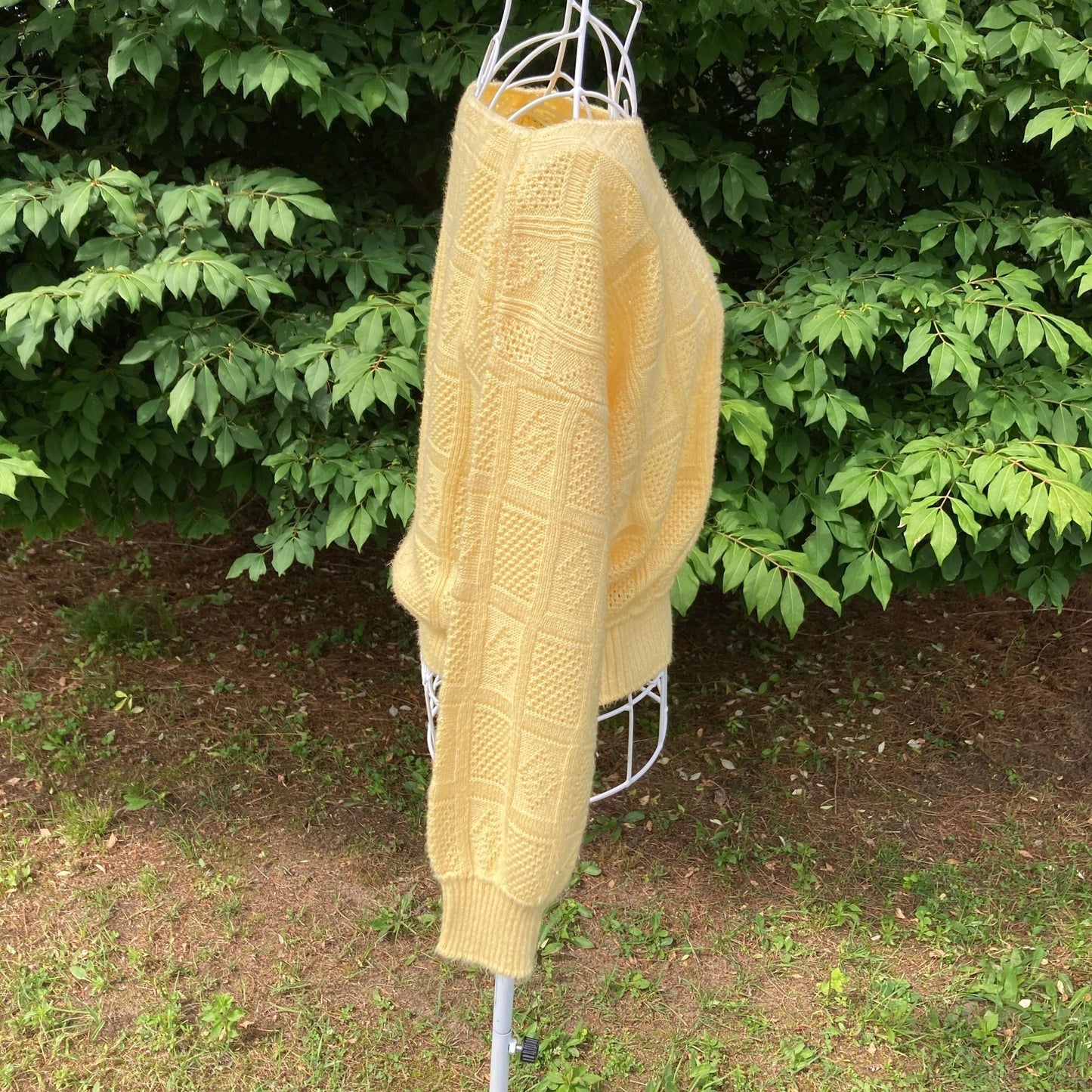 Vintage crochet sweater knit pastel yellow | S - M | soft 70s open work weave Kenneth Too!